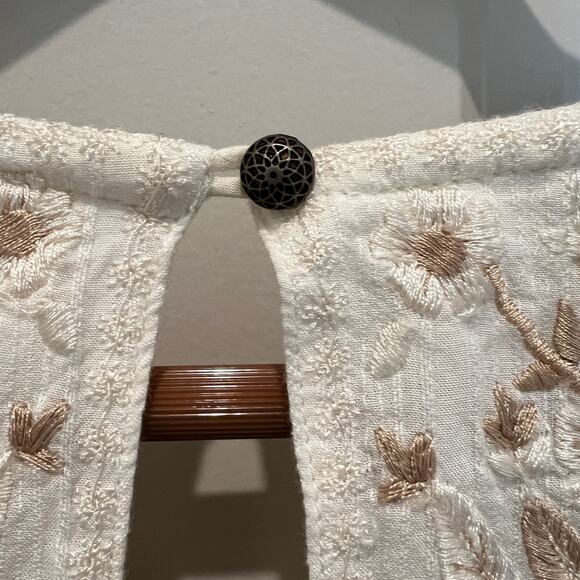 ANTHROPOLOGIE Embroidered Lace White Tan Mini Dress Medium Petite Puff Sleeves - Picture 7 of 10